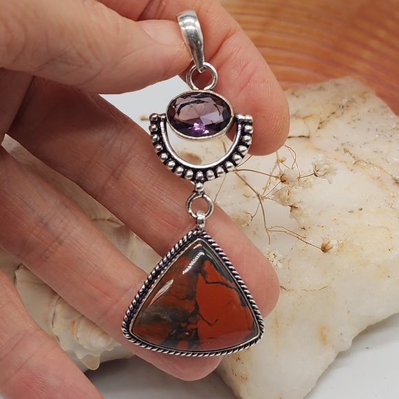 Natural Natural Amethyst Stone Purple Quartz/Jasper Crystals Silver 925 Pendant - Picture 8 of 9